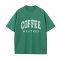 Detail van donkergroen T-shirt met ronde hals en COFFEE WEATHER-belettering print - S / Donkergroen