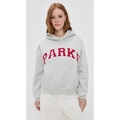 Oversized light grey hoodie for women featuring red PARKE letters and front kangaroo pocket - S / Gray Red Text