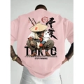 Pink hip hop oversized cotton T-shirt featuring a Japanese samurai graphic on the back - Pink