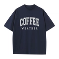 Donkerblauw katoenen T-shirt met witte Coffee Weather opdruk in collegestijl - S / Marineblauw