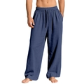 Men's navy blue cotton linen wide-leg pants with breathable drawstring elastic waist - S / Navy Blue