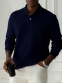 Men's navy blue long sleeve knit polo shirt with textured chevron pattern and button collar - Dark Blue