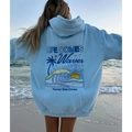 Sweat à capuche oversize bleu clair avec imprimé artistique vagues au dos - S / Rose bonbon