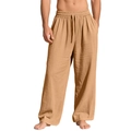Men's loose linen straight-leg trousers in khaki with elastic drawstring waist - S / Khaki