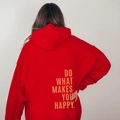 Red hooded sweatshirt with orange Do What Makes You Happy back print detail - S / Tops / Red with Yellow Letters