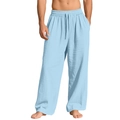 Men's light blue cotton linen wide-leg pants with elastic drawstring waist and straight cut - S / Light Blue