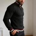 Pull ajusté pour homme avec col zippé, maille torsadée et poignets rayés - S / Noir
