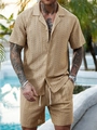 Men's khaki hollow knit vacation set with short sleeve shirt and shorts by the pool - Khaki