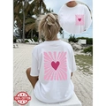 T-shirt blanc en coton avec imprimé cœur rose et rayons de soleil au dos pour femme - S / Style Rayon de Coeur (White 01)