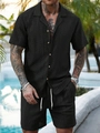 Men's hollow knit set with short sleeve button shirt and shorts in black vacation style - Black
