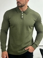 Polo à manches longues pour hommes vert olive avec une maille texturée à chevrons - S / Vert Militaire