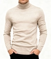 Close-up of the ribbed turtleneck collar and fine knit texture on a men's slim beige sweater - S / Tops / Khaki