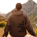 Brown oversized hoodie featuring 'DO WHAT MAKES YOU HAPPY' back print in a mountain setting - S / Tops / Coffee with Black Text