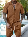 Detailed texture of men's hollow knit vertical stripe short sleeve resort set - Brown