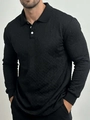 Polo noir à manches longues pour homme en tissu jacquard texturé avec col boutonné élégant - S / Noir