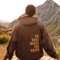 Dark brown oversized hoodie with orange 'DO WHAT MAKES YOU HAPPY' print on the back - S / Tops / Coffee with Yellow Lettering