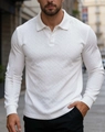 Polo blanc à manches longues pour homme avec maille chevronnée et coupe ajustée - S / Blanc