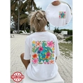 T-shirt blanc en coton avec grand imprimé tropical de tortue et de fleurs dans le dos - S / Style Floral Tortue (White 02)