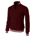 Men's wine red cable knit quarter-zip sweater with striped cuffs and high collar neck - 3XL / Tops / Burgundy