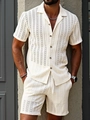 Men's summer knit set featuring short sleeve hollow out shirt and shorts in cream white - Apricot