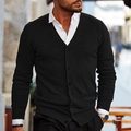 Detail of black V-neck knit cardigan featuring classic button closure and side pockets - S / Black