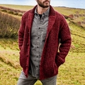 Close-up of men's burgundy shawl collar cardigan sweater in thick ribbed knit texture - 3XL / Red