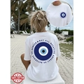 T-shirt blanc en coton avec imprimé œil protecteur et lettrage Return to Sender - S / Style Mauvais Oeil (White 03)