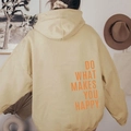 Beige oversized hoodie with orange Do What Makes You Happy back print slogan - S / Tops / Khaki with Yellow Lettering