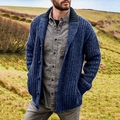 Detailed close-up of dark blue chunky knit cardigan with a classic shawl collar and buttons - 3XL / Blue