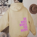 Oversized beige hoodie with pink Do What Makes You Happy back print slogan - S / Tops / Khaki - Purple Text
