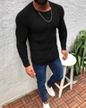 Detail of slim fit black sweater with mixed knit textures and classic round neck - S / Black