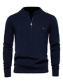 Detail of navy blue zip-up cardigan showing metallic Fashion emblem and knit texture - S / Navy Blue