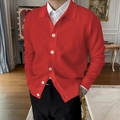 Men's casual red knit cardigan with lapel collar and buttons in a stylish indoor setting - M / Tops / Red