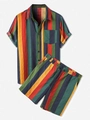 Detailansicht von bunt gestreiftem Herrenhemd und passenden Kordelzug-Shorts Set - S / Oberteil Und Unterteil / Rote Streifen