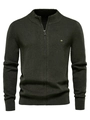 Close-up of olive green cardigan featuring textured knit, zip-up collar and chest emblem - S / Dark Gray