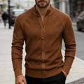 Men's rust red waffle knit cardigan sweater with stand collar and button front design - 2XL / Dark Brown