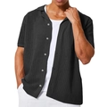 Men's casual hollow-out knitted short sleeve shirt with geometric mesh texture and lapel - Black