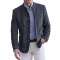 Détail d'une veste en daim gris anthracite avec col mandarin et boutons classiques - S / Hauts / Gris foncé