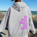 Oversized grey hoodie featuring purple Do What Makes You Happy slogan print on back - S / Tops / Light Gray-Purple Text