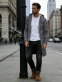 Men's hooded cardigan in grey and black space-dye knit with thick textured fabric - M / Gray