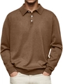 Detail van bruin gebreid poloshirt met lange mouwen voor heren en drie witte knopen aan de kraag - S / Bruin