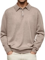 Detail van haverkleurige gebreide polotrui met knoopsluiting en ribgebreide zoom - S / Khaki