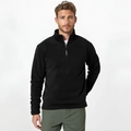 Detail of men's black polar fleece sweatshirt with half-zip stand collar and drawstring - Black