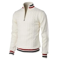 Men's half-zip knit sweater in cream white with cable knit texture and striped trims - 3XL / Off White