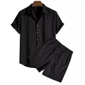 Completo casual da uomo 2 pezzi in velluto a coste nero con camicia e pantaloncini - 3XL / Nero