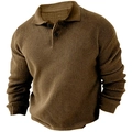 Heren slim fit longsleeve polo van wafelgebreide stof in kaki bruin met geribde manchetten - Khaki