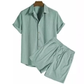 Completo mare da uomo in velluto a coste verde salvia con camicia e pantaloncini - 3XL / Verde smeraldo