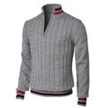 Men's grey cable knit sweater with quarter zipper and red-black striped trim detail - 3XL / Gray