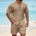 Conjunto casual de verano para hombre con camisa texturizada y pantalones cortos - M / Caqui