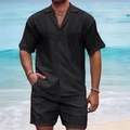 Conjunto de verano de dos piezas para hombre con camisa negra con textura y pantalones - M / Negro